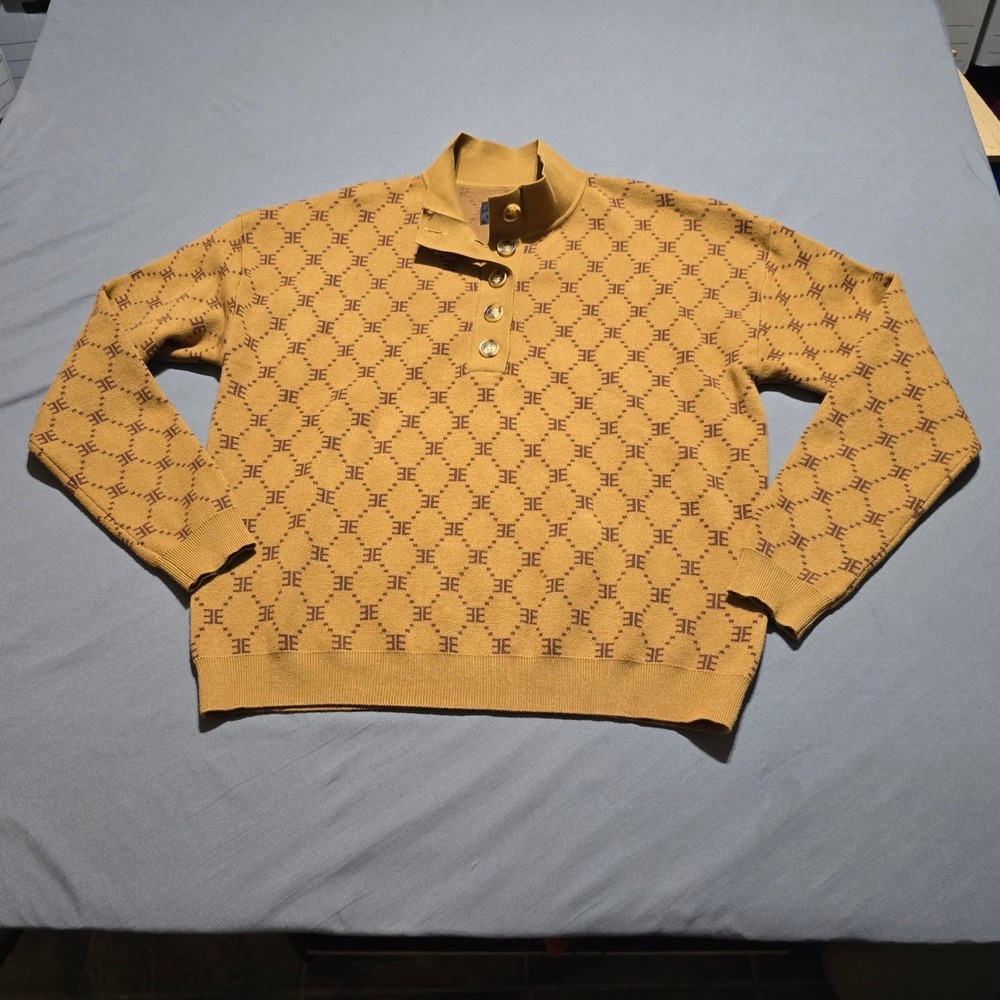 Ellandemm Monogram Knit Sweater  XL womens Tan Gold Button Mock Neck